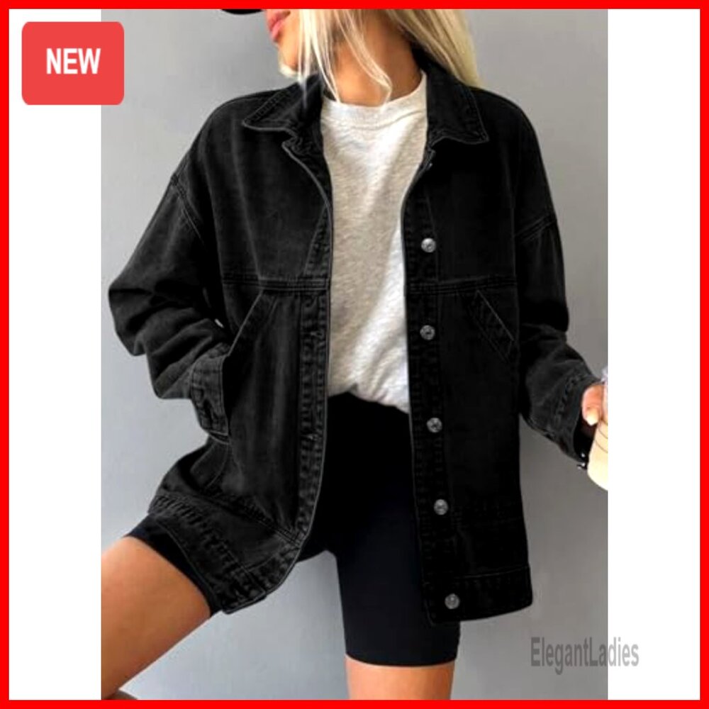 Denim Jacket Drop Shoulder Button Front Casual Lo… - image 2